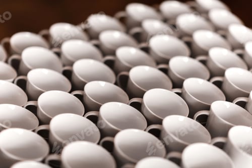 Preview: A lot of white coffee cups. Top view on many stacked in rows of empty clean white cups for tea