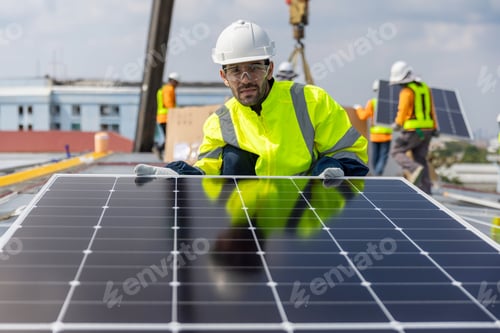 Preview: Engineer service check installation solar cell on the roof of factory.
