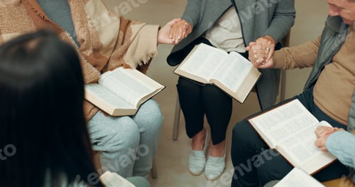 Preview: Praying, closeup and holding hands with people in bible study for support, Christian and spiritual.