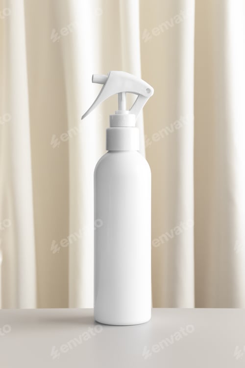 Preview: White cosmetic trigger sprayer bottle mockup with a yellow textile.