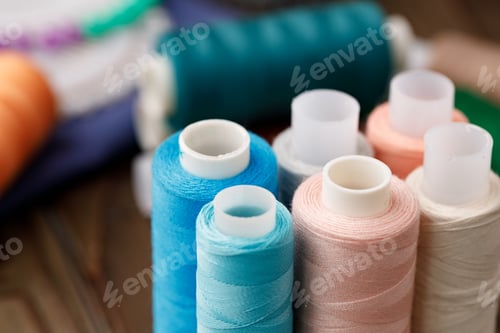 Preview: Close up of colored thread coils, thread spools background