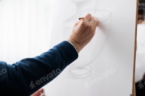 Preview: Close up of senior teacher drawing vase model on white canvas