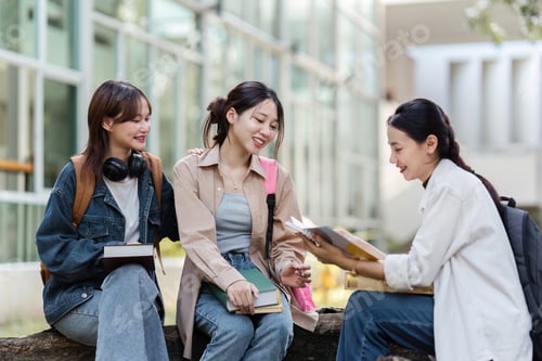 Preview: Group of Asian college student reading books and tutoring special class for exam at outdoors