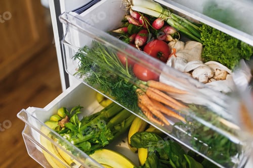 Preview: Zero waste grocery in fridge. Fresh vegetables in opened drawer in refrigerator.