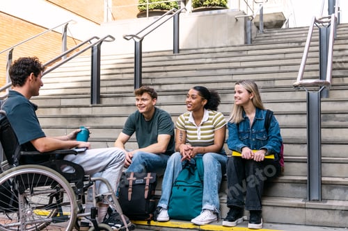 Preview: Diverse students sitting on stairs, having a conversation