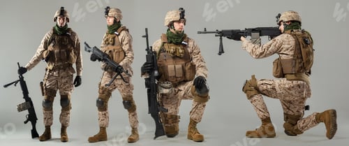 Preview: Soldiers in tactical gear show different poses with rifles in indoor setting