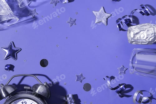 Preview: Festive new year flat lay with numbers 2022 and hard shadows with glasses and shiny decor