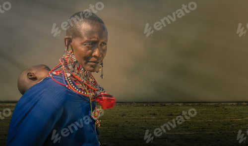 Preview: Masai woman with child in a masai village, Amboseli, Rift Valley, Kenya
