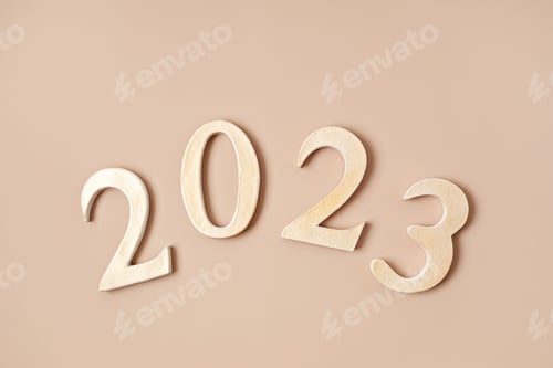 Visualização: Figuras 2023 em fundo neutro. Feliz Ano Novo, festa, ideia de celebração
