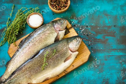 Preview: Fresh Fish. Raw Salmon and Spice on a blue slate table. Top view flat lay background. Copy space.
