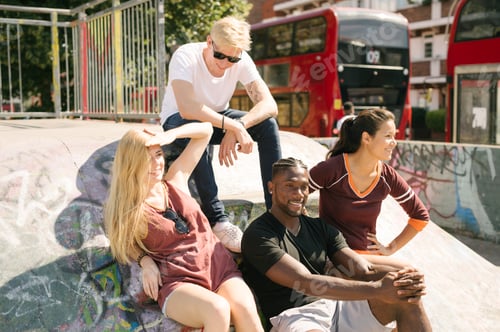 Preview: Four male and female friends sitting chatting in city skatepark
