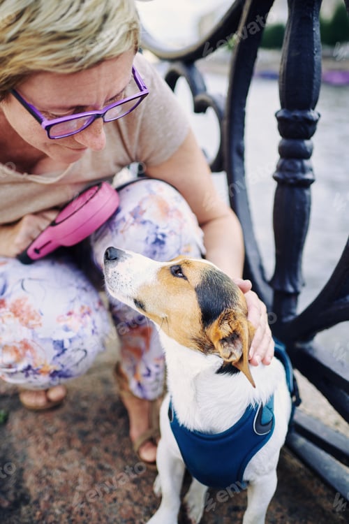 Preview: Senior woman petting dog on embankment