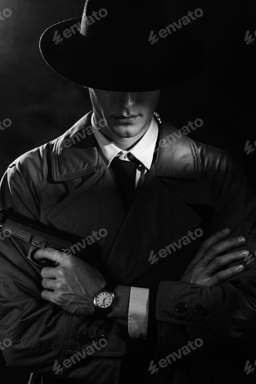 Preview: A dark silhouette of a male detective in a coat and hat with a gun in his hands in the Noir style.