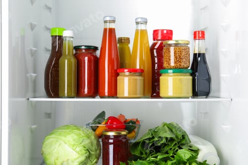 Preview: Bottles with different tasty sauces and products in fridge, closeup