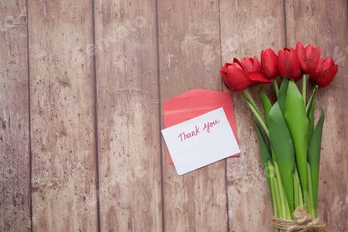 Preview: thank you message, envelope and red tulip flower on wooden background