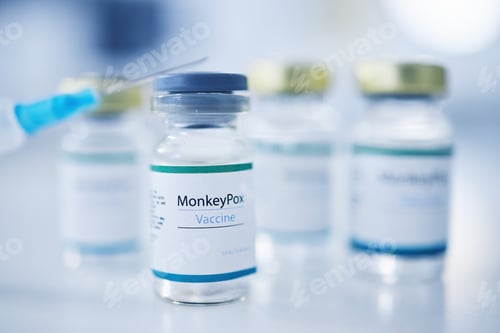 Preview: Monkeypox vaccine, backgrounds and injection vial for medicine, safety and healthcare risk. Closeup