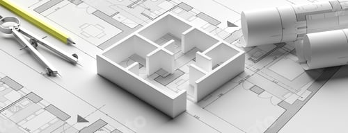 Preview: Residential building blueprint plans and house model, banner. 3d illustration