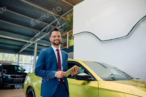 Preview: Portrait of happy salesman at car dealership looking at camera.