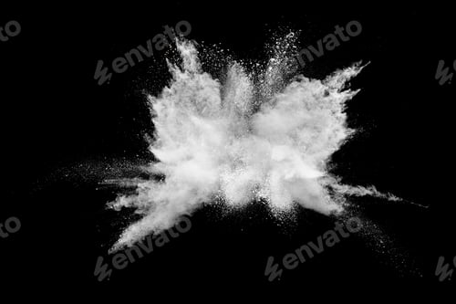 Preview: White powder explosion isolated on black background.White dust particles splash.