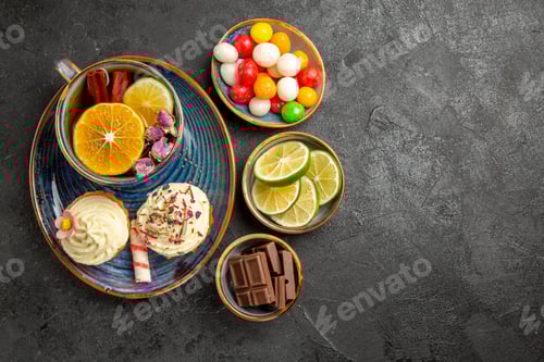 Preview: top view from afar sweets on the table three bowls of candies chocolate and slices of limes next to