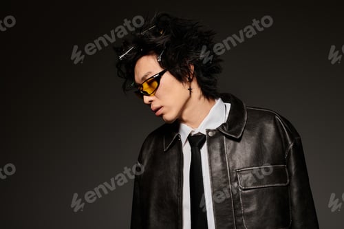 Preview: Stylish spring fashion showcase featuring an asian man in a modern studio setting