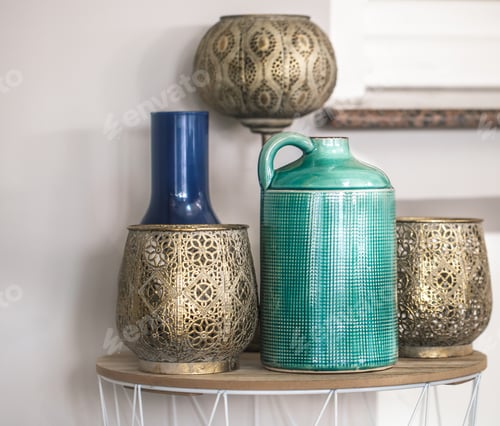 Preview: Colored vases in the interior of the cafe. East style