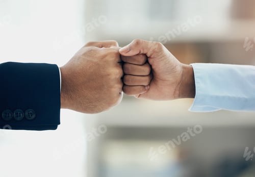 Preview: Partnership, teamwork and fist bump by business people in support of trust, goal and mission agains