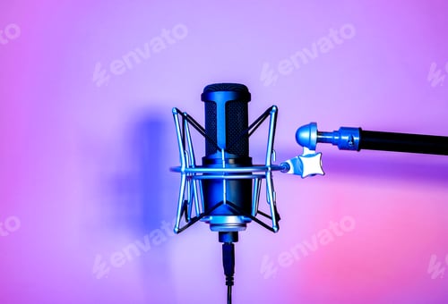 Preview: a black microphone on black background under the neon light. podcasting, singing, and recording.