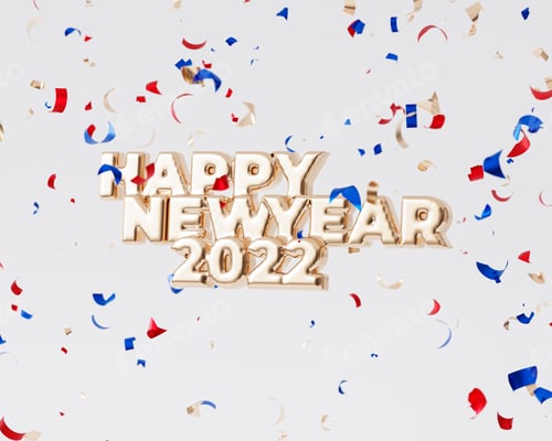 Visualização: Fundo de feriados de Natal ou Ano Novo, carta dourada de Feliz 2022 com confete, renderização 3D