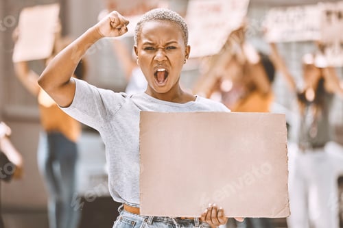 Preview: Protest cardboard mock up and black woman in crowd or street portrait with gender equality, human r