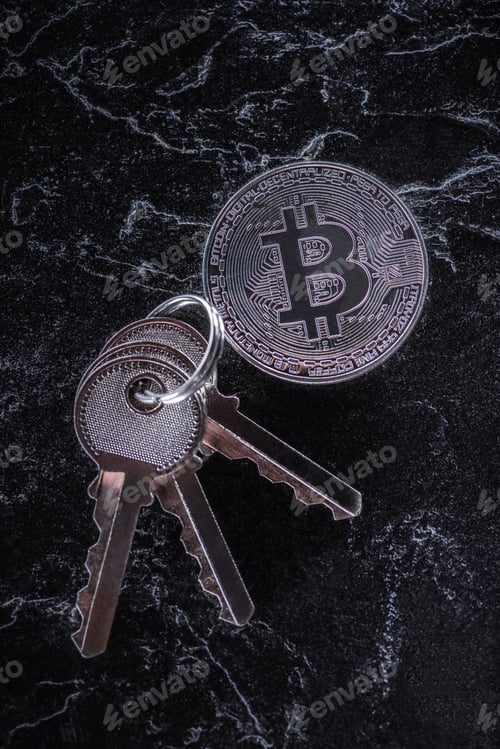 Preview: top view of arranged keys and silver bitcoin on dark marble tabletop