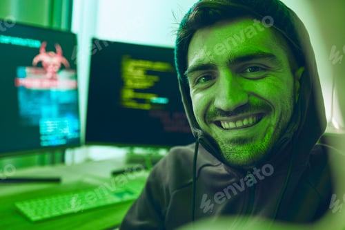 Preview: Cybersecurity, crime and smile, portrait of hacker in neon office with code, fraud and virus. Softw