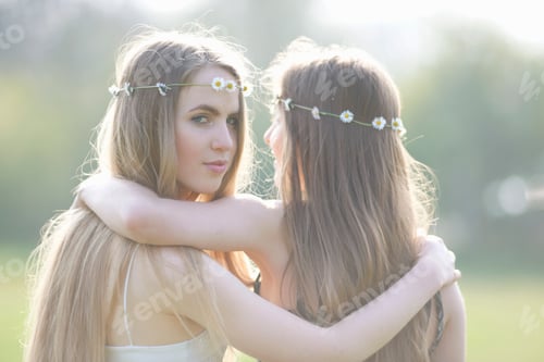 Preview: Portrait of two teenage girls wearing daisy chain headdresses in park