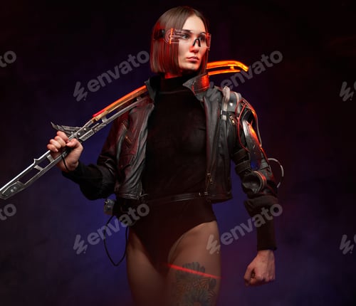 Preview: Portrait of a female soldier in cyberpunk style with glowing sword