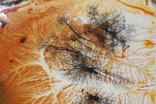 Preview: Abstract natural colorful patterns of acid mine drainage in decanting lake aerial view