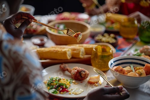 Preview: Black Adults Celebrating Kwanzaa by Sharing Traditional Festive Meal Together