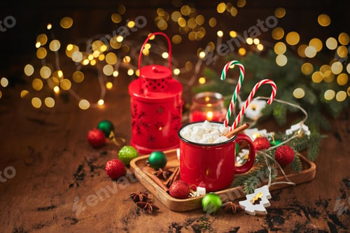 Preview: Red cup of hot cocoa with marshmallows and candy canes on wooden table with christmas tree and