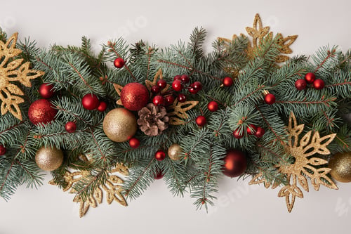 Preview: top view of fir twigs with colored Christmas decoration isolated on white