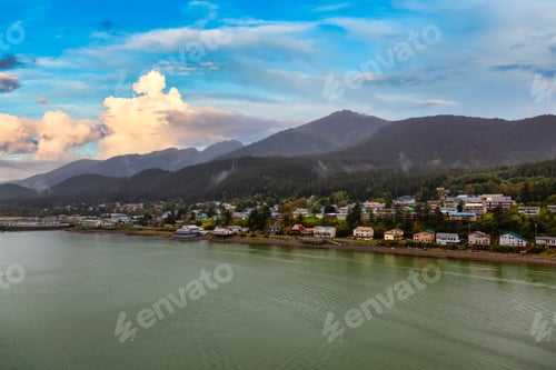 Preview: View of a small town, Juneau, with mountains in the background