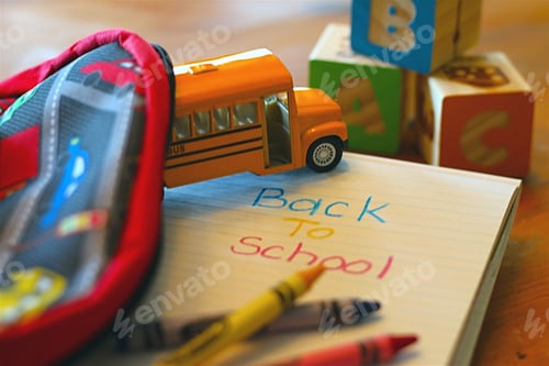 Preview: Back to School: Conceptual image of yellow bus and school supplies on desktop.