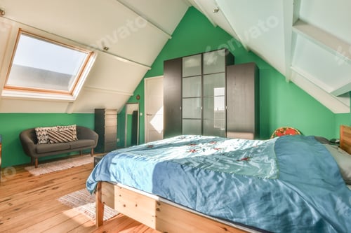 Preview: Bed with colorful pillows near window