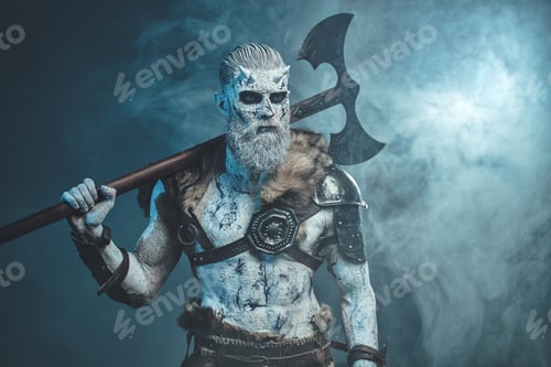 Preview: Scary pale skinned warrior with axe in smokey background