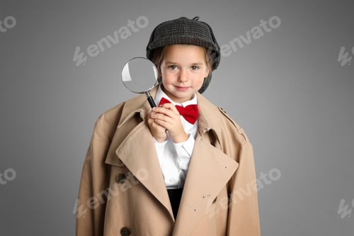 Preview: Cute little child in hat with magnifying glass playing detective on grey background