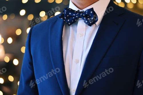 Preview: Close up of an elegant man wearing a blue tuxedo and bow tie