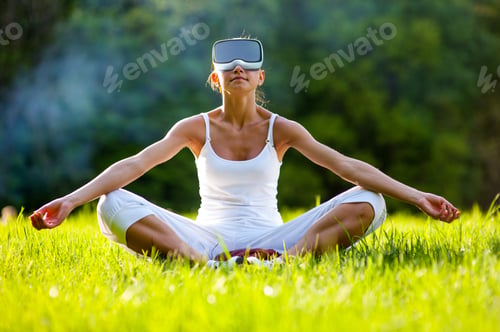 Preview: Relax zen young girl using virtual reality headset VR glasses sitting on the street