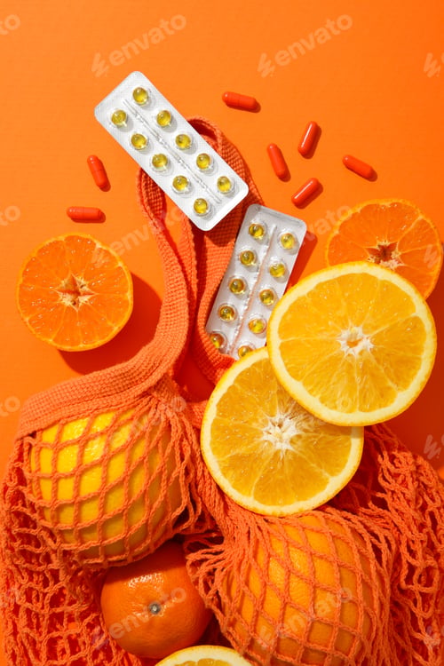 Preview: Vitamin C, in tablets, plates with oranges, on the table.