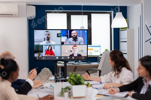 Preview: Team working by group video call share ideas brainstorming negotiating