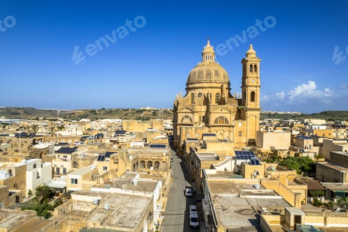 Preview: Rotunda St. John Baptist Church in the town of Xewkija, Gozo, Malta. Aerial drone view