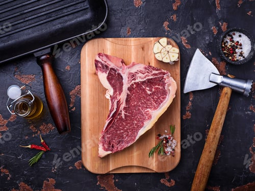 Preview: Raw T-bone steak and iron grill pan
