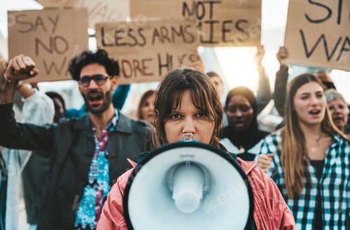 Preview: Group of multiracial peace activists walking on the street holding posters and banners against war